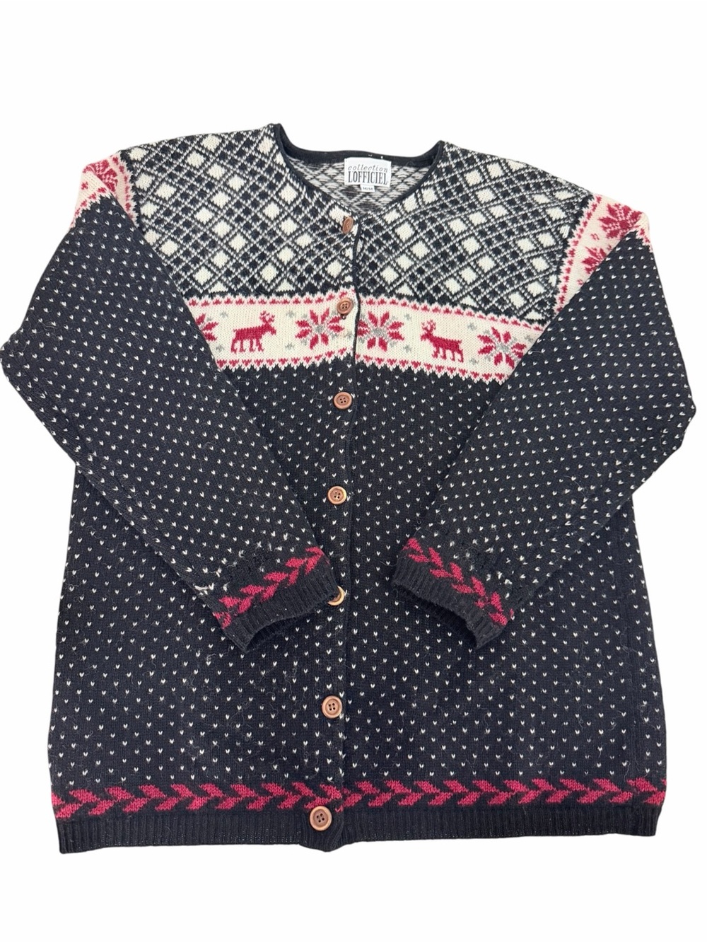 L'OFFICIEL Black Red Nordic Fair Isle 100% Wool Cardigan Vintage size M - Picture 2 of 11
